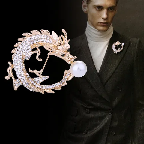 Spilla in Lega Vintage a Forma di Dragone Cinese Per Uomo Donna Con Decorazione in Strass Perla Artificiale Regalo Gioielli