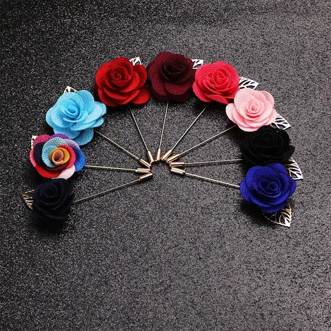 Handgefertigte Stoff Rose Blume Brosche Lange Nadel Reversnadel Galvanisiert Gold Farbe Legierung Basis Anzug Zubehör Für Herren Damen Schmuck