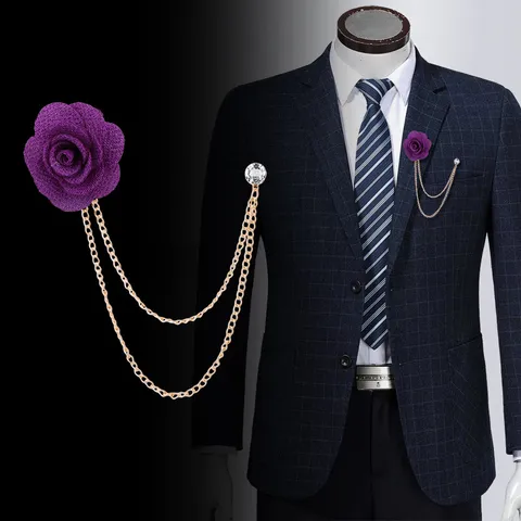 Elegante Handgefertigte Stoff Blumen Brosche Pin Mit Quastenkette Strass Akzent Galvanisierte Legierung Blume Revers Nadel Für Anzug Kleid Hochzeit Bankett Zubehör