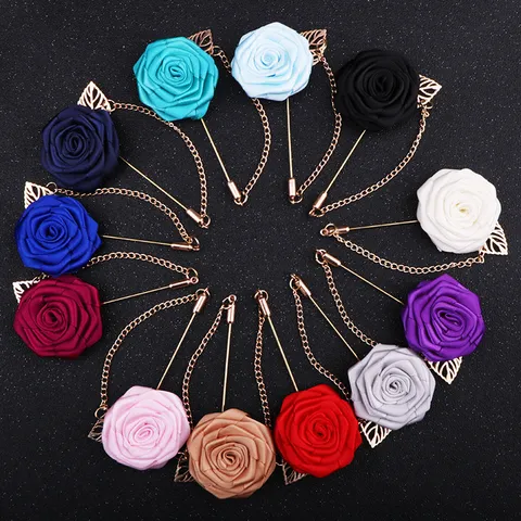 Broche Fleur de Rose en Tissu Fait Main pour Hommes Avec Chaîne Dorée Feuille Épingle Longue pour Costume Mariage Fête Accessoires Formels
