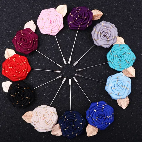 Handmade Ribbon Rose Flower Brooch With Gold Leaf Long Pin Vintage Elegant Men Women Suit Lapel Pin Accessory Jewelry