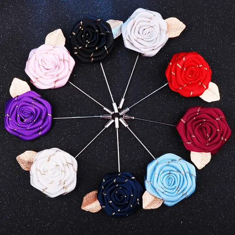 Broche Rose en Tissu Fait Main Avec Feuille d'Or Broche Longue Fleur de Ruban Boutonnière pour Hommes Femmes Costume Mariage Fête