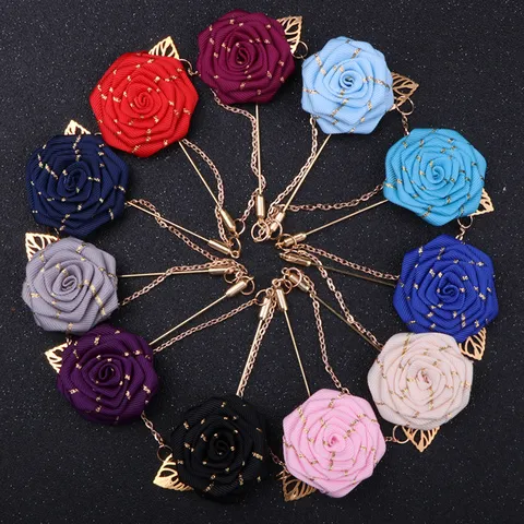 Koreanischer Stil Band Rose Blume Brosche Anstecknadel Stoff Legierung Quastenkette Anzug Kragen Reversnadel Unisex Uniform Abzeichen Schmuck