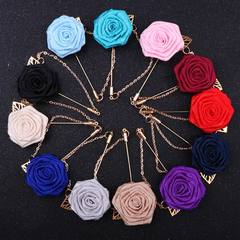 Broche Fleur de Rose en Tissu Faite à la Main Pour Costume d'Homme Mariage Fête Accessoire Avec Longue Aiguille Et Chaîne