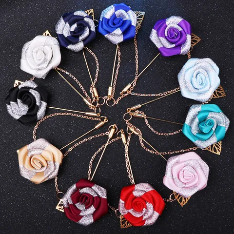 Handgefertigt Stoff Blume Brosche Mit Legierung Langen Nadel Kette Koreanischen Stil Elegant Floral Lapel Pin Für Damen Herren Anzüge Mantel Schmuck Zubehör