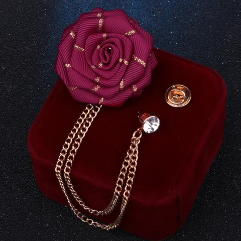 Koreanischer Stil Stoffband Rosenblume Brosche Anstecknadel Für Herren Damen Legierung Strass Doppelzylinder Kette Quaste Anzug Kragen Reversnadel Schmuck Geschenk
