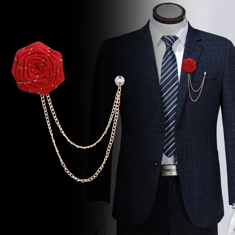 Koreanischer Stil Stoffband Rosenblume Brosche Anstecknadel Für Herren Damen Legierung Strass Doppelzylinder Kette Quaste Anzug Kragen Reversnadel Schmuck Geschenk