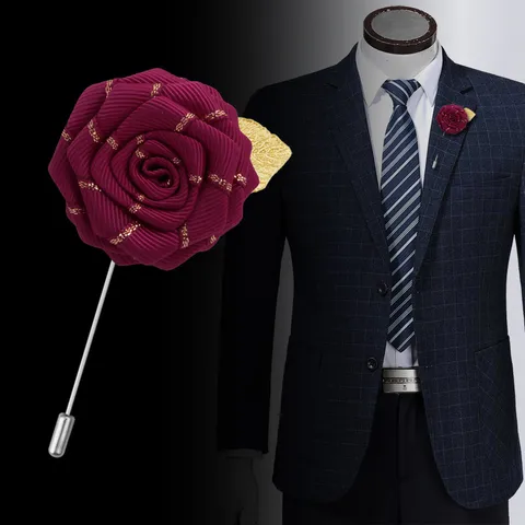 Handmade Ribbon Rose Flower Brooch With Gold Leaf Long Pin Vintage Elegant Men Women Suit Lapel Pin Accessory Jewelry
