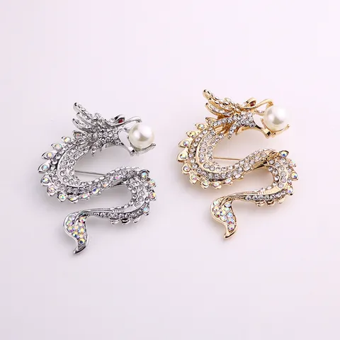 Ethnic Style Alloy Chinese Zodiac Dragon Brooch For Men Dominating Rhinestone Artificial Pearl Corsage Suit Pin Jewelry Gift