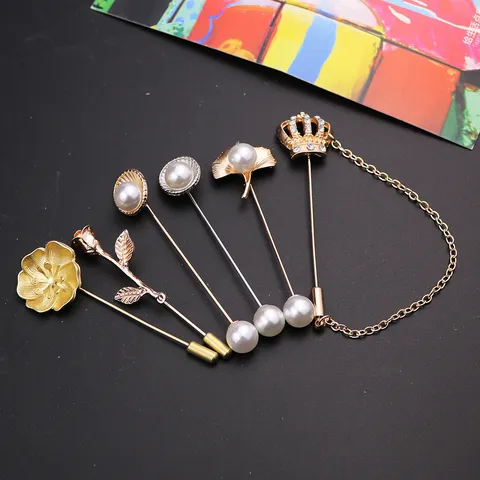Vintage Men Long Pin Brooch Alloy Artificial Pearl Rhinestone Rose Crown Deer Leaf Lapel Pin For Suits Fashion Jewelry