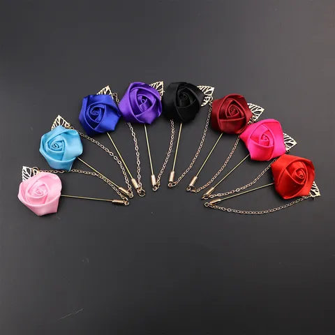 Eleganter Satin Rosenblüten Reversnadel Mit Goldener Blattkette Herren Hochzeitsanzug Brosche Boutonniere Modeaccessoire