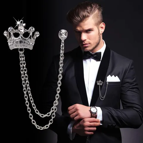 Vintage Britischer Stil Krone Kette Brosche Für Herren Legierung Strass Reversnadel Für Anzug Bankett Hochzeit Schmuck