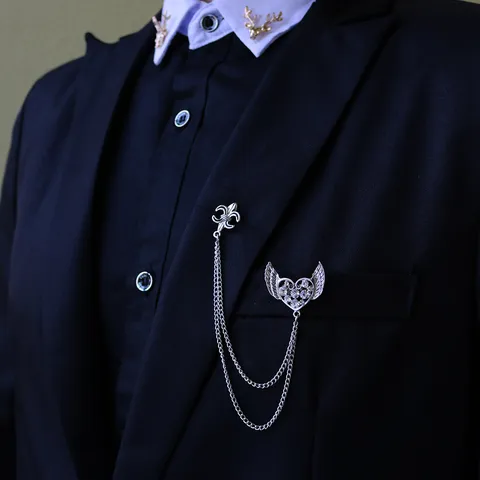 Vintage Legierung Strass Herz Engelsflügel Brosche Mit Doppelter Kette Quaste Herren Kragenklammer Business Bankett Kleid Zubehör