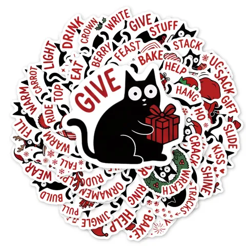 Funny Black Cat Holiday Theme Waterproof Stickers For Christmas DIY Scrapbooking Journal Laptop Decoration Vinyl Decal Set