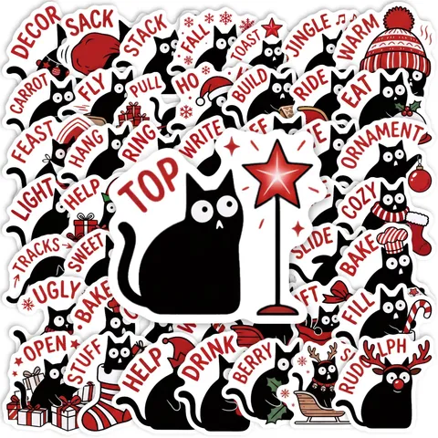 Funny Black Cat Holiday Theme Waterproof Stickers For Christmas DIY Scrapbooking Journal Laptop Decoration Vinyl Decal Set
