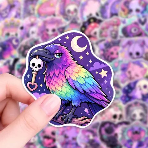 Gothic Dark Style Dreamy Purple Animal Stickers Waterproof PVC Cartoon Skulls Stars Moon Personalized Decorative Stickers For DIY Scrapbook Phone Case Luggage Journal