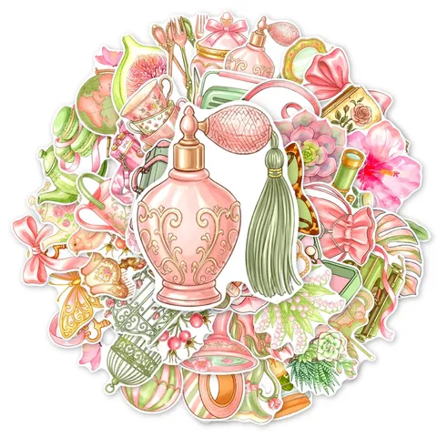 Vintage Pink Green Objects Waterproof Decorative Stickers Set For Scrapbook Notebook Phone Case DIY Hand Account Art Decals
