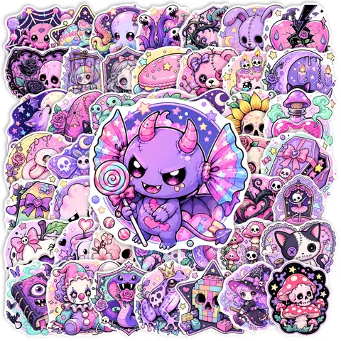 Gothic Dark Style Dreamy Purple Animal Stickers Waterproof PVC Cartoon Skulls Stars Moon Personalized Decorative Stickers For DIY Scrapbook Phone Case Luggage Journal