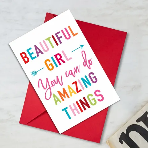 Tarjeta de Felicitación Inspiradora Beautiful Girl Letras de Arco Iris Papel Impreso Con Sobre Rojo Para Mujeres Niñas