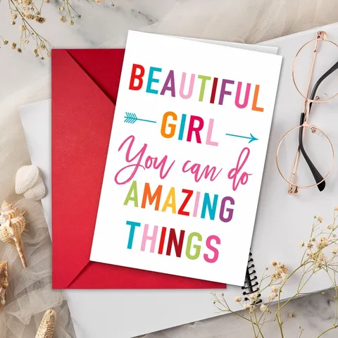 Tarjeta de Felicitación Inspiradora Beautiful Girl Letras de Arco Iris Papel Impreso Con Sobre Rojo Para Mujeres Niñas
