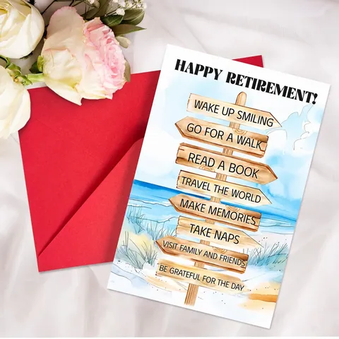 Warm Retirement Greeting Card With Envelope Set Hand Drawn Beach Wooden Road Sign Cardstock Printed Blessing Gift Cards