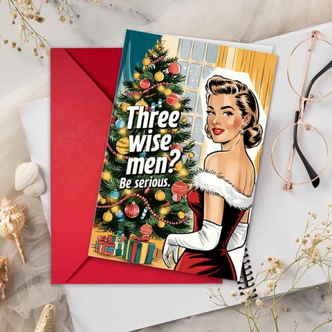 Vintage Illustrierte Weihnachtsgrußkarte Umschlag Set Humorvoll Pop Art Retro Dame Weihnachtsbaum Fest Nachrichtenkarten