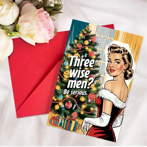 Vintage Illustrierte Weihnachtsgrußkarte Umschlag Set Humorvoll Pop Art Retro Dame Weihnachtsbaum Fest Nachrichtenkarten