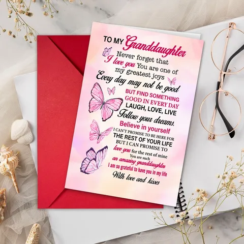 Carte de Voeux Petite-fille Papillon Rose Illustration Dessinée à la Main Message Chaleureux Carte Anniversaire Enveloppe