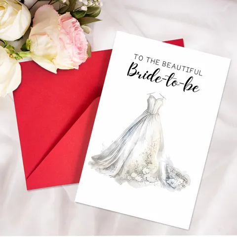 Elegante Tarjeta de Felicitación Futura Novia con Vestido de Novia en Acuarela y Sobre Rojo Tarjeta Estampada Artística para Fiesta de Boda Regalos