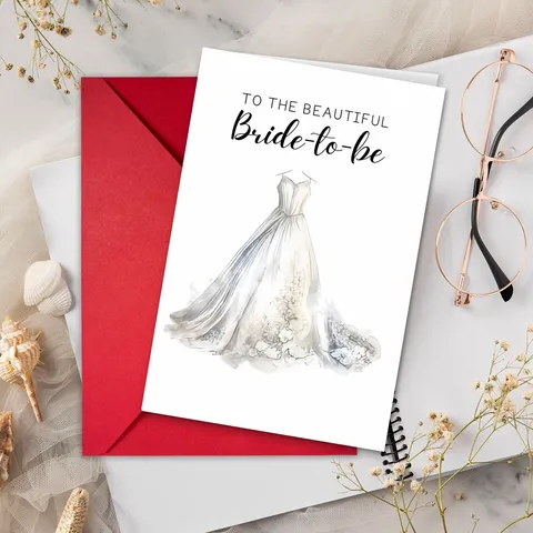 Elegante Tarjeta de Felicitación Futura Novia con Vestido de Novia en Acuarela y Sobre Rojo Tarjeta Estampada Artística para Fiesta de Boda Regalos