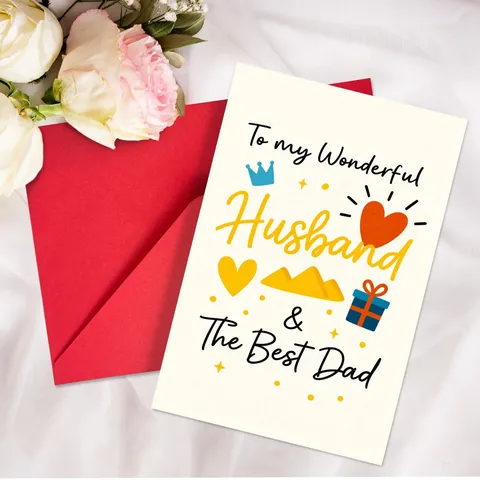 Magnifique Carte de Vœux Fête des Pères pour Mari Avec Enveloppe Rouge Papier Couché de Qualité Impression Couleur Cadeau Papa