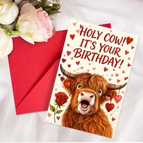 Divertente Set di Biglietti di Auguri di Compleanno con Mucca delle Highlands con Buste Rosse Simpatici Biglietti di Invito