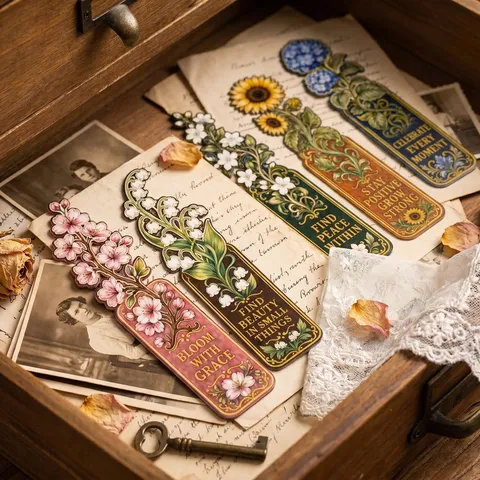 Retro Floral Inspirational Bookmarks Set Cherry Blossom Lily Valley Paper Page Markers For Students Reading Gift