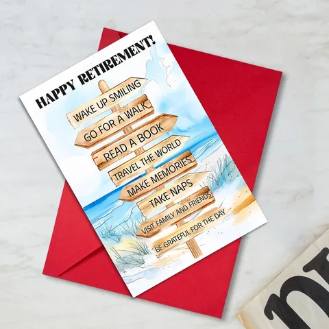 Warm Retirement Greeting Card With Envelope Set Hand Drawn Beach Wooden Road Sign Cardstock Printed Blessing Gift Cards