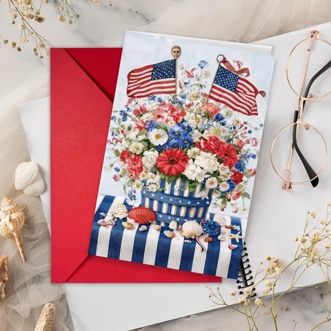 Carte Vœux Jour Indépendance USA Avec Enveloppe Rouge Étoiles Rayures Patriotiques Drapeau Américain Motif Floral Cartes Cadeaux