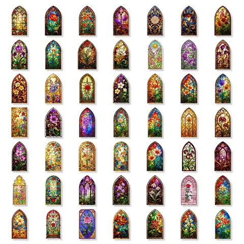 PET Autocollants Transparents Imperméables Rétro Gothique Vitrail Cathédrale Motif Floral Art Scrapbooking Journal DIY Décoration Matériel Pack
