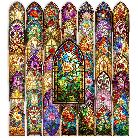 PET Autocollants Transparents Imperméables Rétro Gothique Vitrail Cathédrale Motif Floral Art Scrapbooking Journal DIY Décoration Matériel Pack