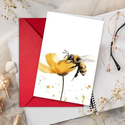 Bellissimi Biglietti di Auguri ad Acquerello con Ape e Fiori Set Con Buste Rosse Minimalisti Moderni Biglietti Nota Bianchi Regalo per Festival Quotidiano