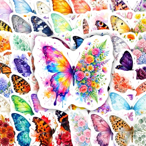Cute Watercolor Butterfly Flowers Waterproof Decorative Stickers For Laptop Skateboard Water Bottle Scrapbook Journaling DIY Crafts Label