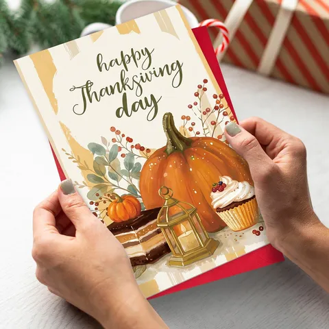 Autumn Harvest Thanksgiving Greeting Cards Coated Paper Printed Pumpkin Dessert Illustration Holiday Card With Envelope For Thanksgiving