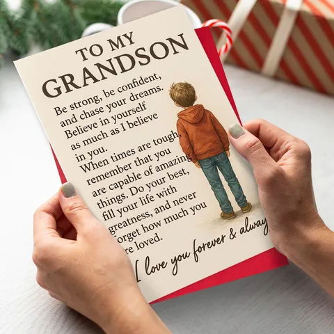 Tarjeta de Felicitación Aliento To My Grandson Papel Estucado Tarjetas Inspiradoras Cálidas Sobre Rojo Regalo de Cumpleaños Tarjeta de Mensaje