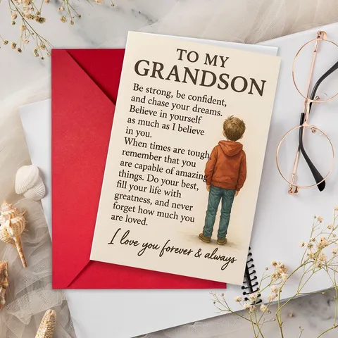 Tarjeta de Felicitación Aliento To My Grandson Papel Estucado Tarjetas Inspiradoras Cálidas Sobre Rojo Regalo de Cumpleaños Tarjeta de Mensaje