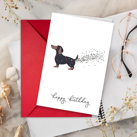 Lustige Dackel Geburtstag Grußkarte Süße Hund Konfetti Design Mit Rotem Umschlag Segen Karte Einfach Modern Bedruckte Karte