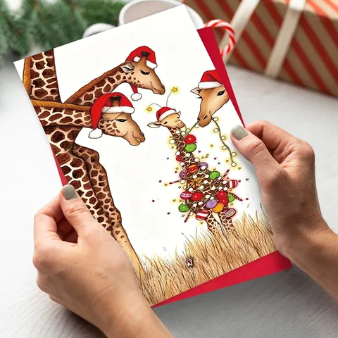 Christmas Greeting Card With Red Envelope Cartoon Giraffe Nutcracker Fireplace Illustration Holiday Blessing Greeting Cards For Friends Family