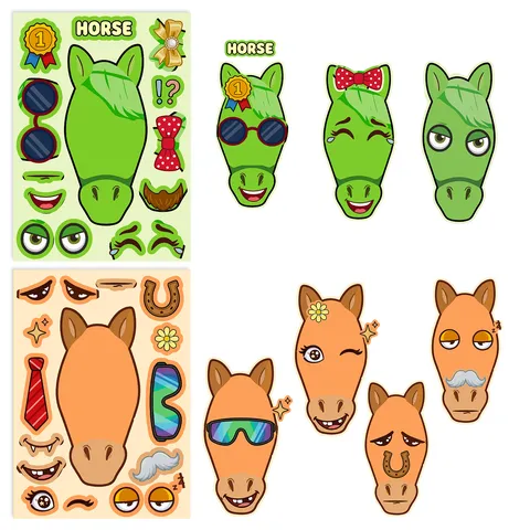 Pegatinas de Caballo DIY Crear una Cara para Niños Educación Temprana Expresión de Dibujos Animados Mix Match Hojas de Pegatinas de Rompecabezas