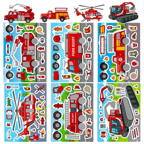 Kids Cartoon Fire Truck Rescue Vehicle Make-A-Face Stickers Adhesive Paper DIY Puzzle Sheet For Toddlers Intelligence Educational Toy
