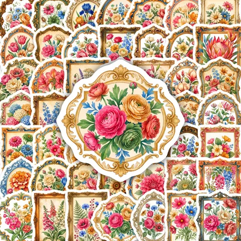 Autocollants Cadre Photo Floral Vintage Européen Stickers Décoratifs en PVC Imperméables pour Scrapbooking Journal Laptop Planner