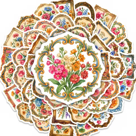 Autocollants Cadre Photo Floral Vintage Européen Stickers Décoratifs en PVC Imperméables pour Scrapbooking Journal Laptop Planner