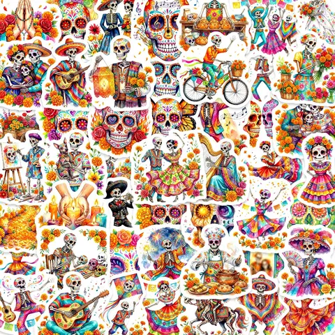 Mexican Day Of The Dead Skeleton Stickers Waterproof Colorful Floral Skull Decals For Water Bottle Laptop Scrapbooking Printed Decor