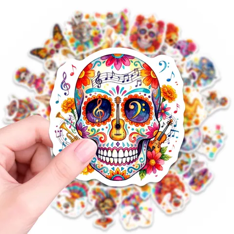 Mexican Day Of The Dead Skeleton Stickers Waterproof Colorful Floral Skull Decals For Water Bottle Laptop Scrapbooking Printed Decor
